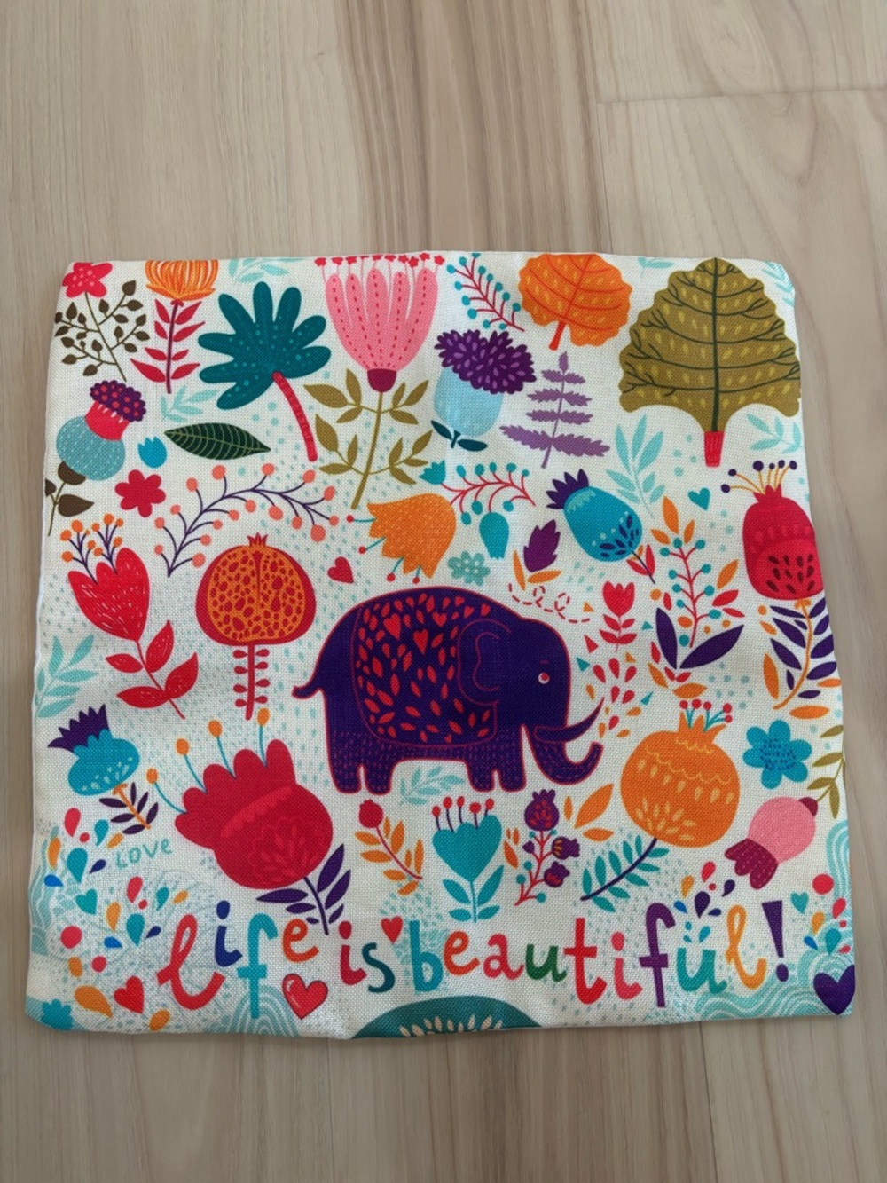 Colorful Floral Elephant Accent Pillow Cover - 'Life is Beautiful'. SET OF 5